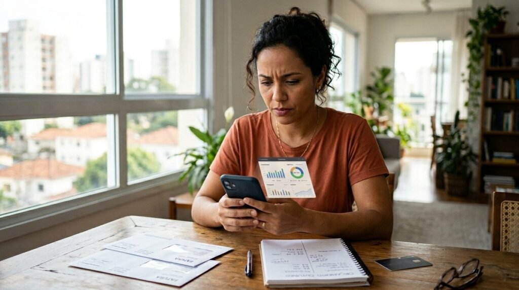 Pessoa analisando empréstimo pessoal pelo celular ao lado de contas e caderno financeiro.